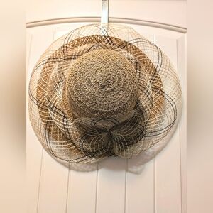 Kentucky Derby Hat, Church Hat Tan Black And White. Fancy Hat, lightweight NWOT